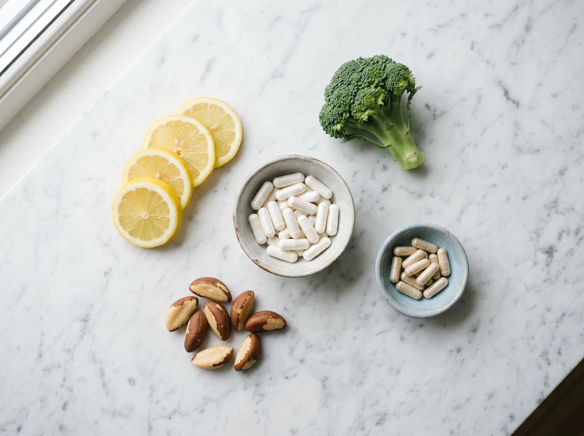 Naturliga ingredienser för kosttillskott - magnesium, citron, paranötter, probiotika, broccoli på vit marmor