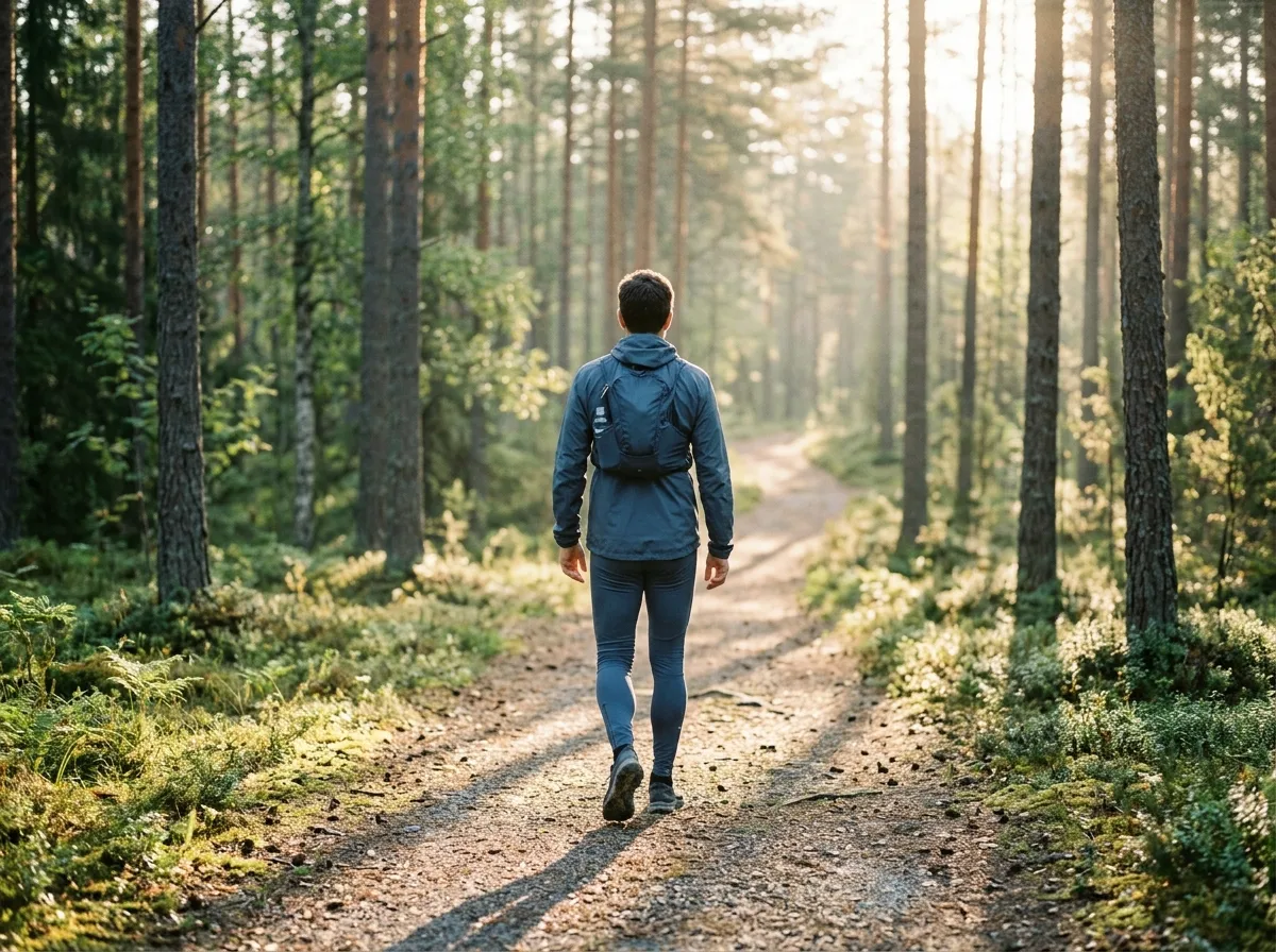 Aktiv man i nordisk skog på morgonpromenad - kosttillskott för mäns välbefinnande